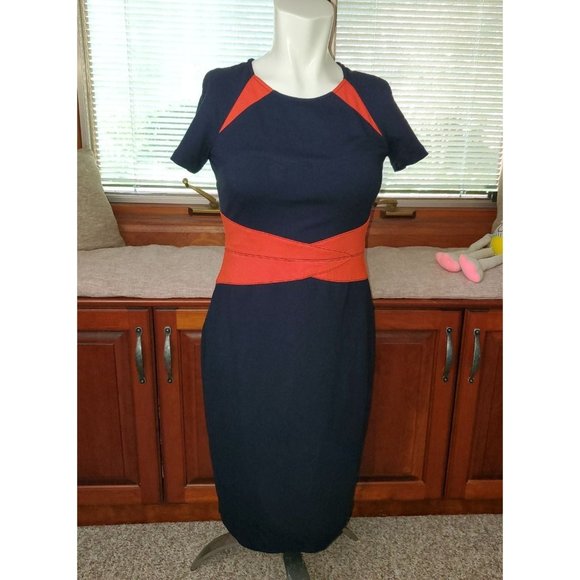 Nue by Shani Navy/Orange Ponte Color-Block Sheath Dress 4 - Picture 5 of 8